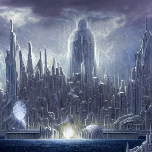 Image similar to fantasy rendering of atlantis rising, art deco city, torrent, maelstrom, dante, chiseled formations, atmospheric, ambient, frost, matte painting