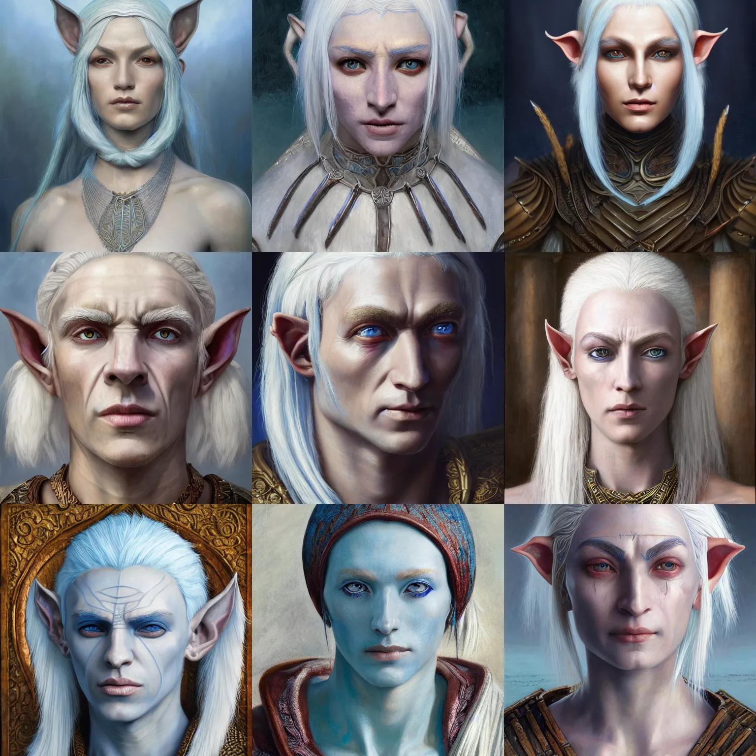 Prompt: morrowind dunmer portrait blue skin elf white hair by Edwin Longsden Long and Theodore Ralli and Nasreddine Dinet and Adam Styka, masterful intricate artwork. Oil on canvas, excellent lighting, high detail 8k