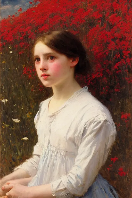 Image similar to Solomon Joseph Solomon and Richard Schmid and Jeremy Lipking victorian genre painting portrait painting of a plain young village girl in an open field of flowers, red background