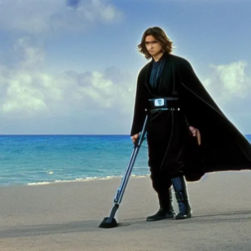 Image similar to Anakin Skywalker!!!, vacuuming on a beach, still from star wars,