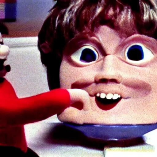 Image similar to vhs footage of an 8 0 s toy commercial where a kid is terrified of a possessed demonic toy