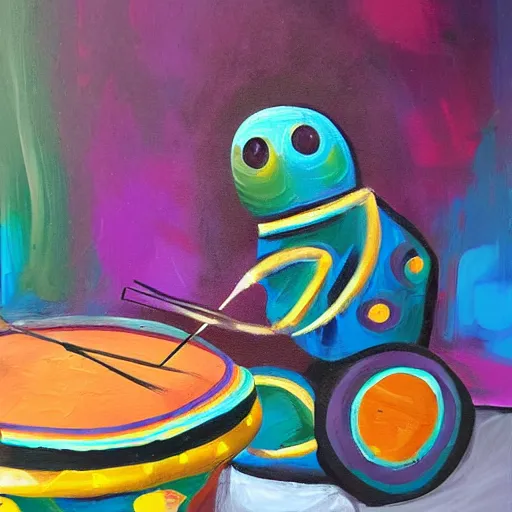 Prompt: a funky little beetle playing a bongo at a party, oil painting, high detail, funky!