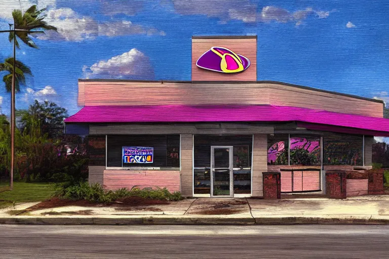 Prompt: an abandoned taco bell by thomas kinkade