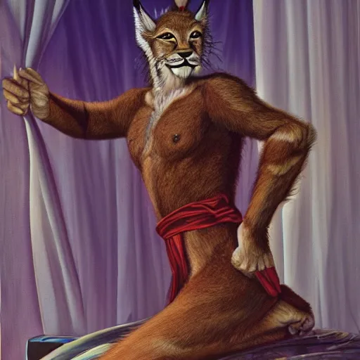 Image similar to hairy maned lynx - headed romantic hero in satin robe, laying on sci fi bed, science fiction, pulp sci fi, michael whelan, ron cobb, highly detailed, mignogna, illustration