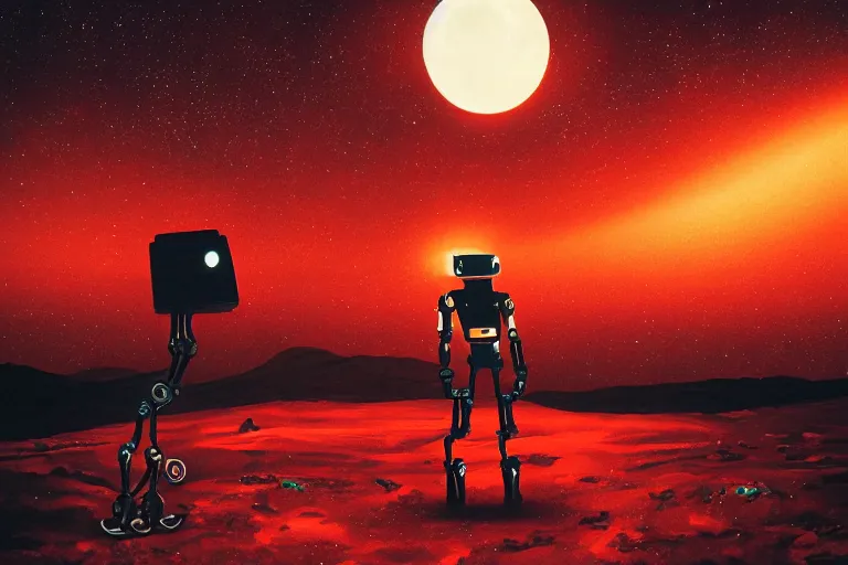 Image similar to a robot standing on mars in the style of flooko, acrylic art, detailed, moonlight, red lighting, bokeh, synthwave, psychedelic, glitch, neon,