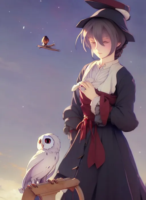 Prompt: florence nightingale with her pet owl in the pocket of her apron gapmoe yandere grimdark, trending on pixiv fanbox, painted by greg rutkowski makoto shinkai takashi takeuchi studio ghibli