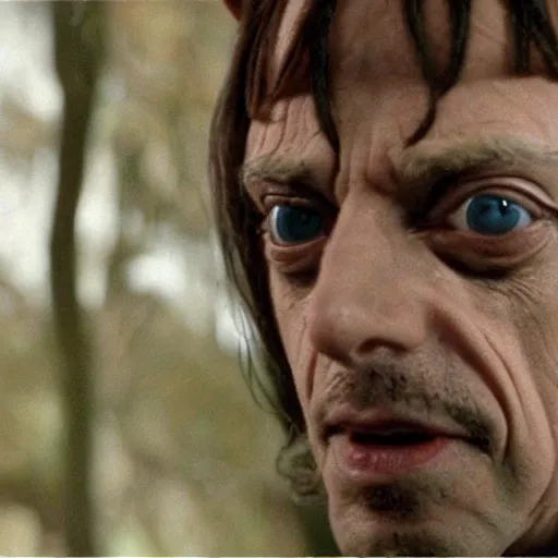 Prompt: Real Stills of Steve Buscemi smaller eyes playing a lord of rings elf in the new upcomming TV show promo ARRIFLEX 435 Camera face closeup