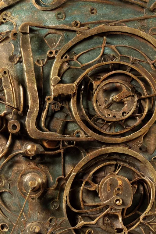 Prompt: a martian artifact of a mechanical astrological machine in a museum with a description placard, bronze, old, alien, verdigris, mechanical