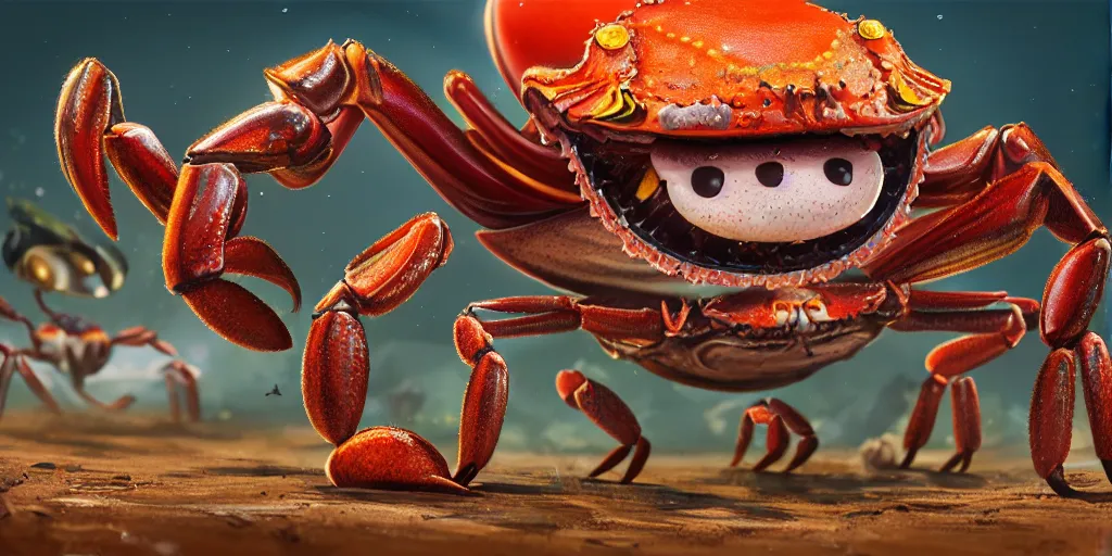 Prompt: of an intricate crab with strange cute friendly laughing creatures with huge eyes, long tongue, square teeth and funny face appearing from the mud, in the style of craola, macro lens, shallow depth of field, highly detailed, digital painting, trending artstation, concept art, illustration, cinematic lighting, vibrant colors, photorealism, epic, octane render