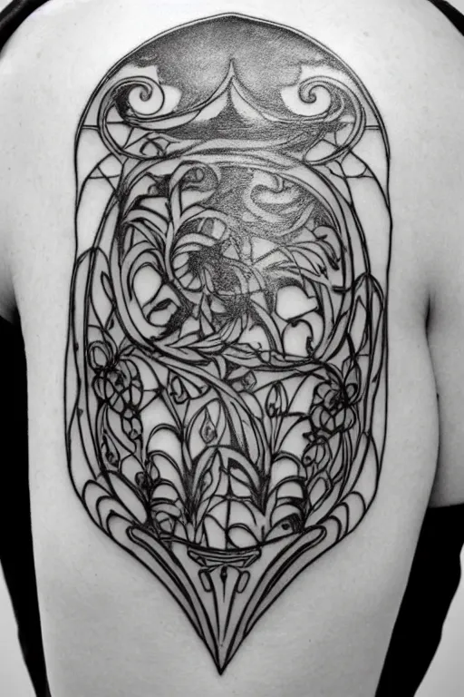Prompt: mirrored delicate minimalist art nouveau shoulder tattoo, intricate detail, in the style of art deco