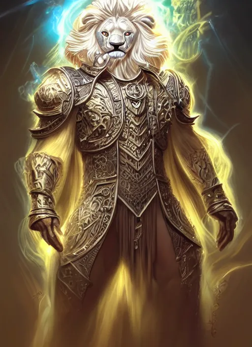 Image similar to anthropomorphized white lion hero casting magic bright light spell, smiling, casting spell, concept art, insanely detailed and intricate, hypermaximalist, elegant, ornate, hyper realistic, super detailed, art deco, cinematic, trending on artstation, magic the gathering artwork