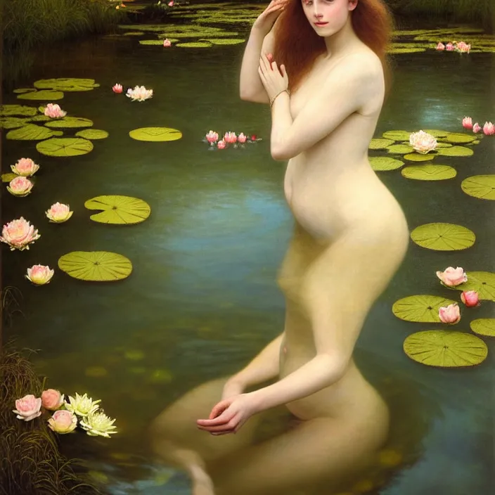 Image similar to Kodak Portra 400, 8K, soft light, volumetric lighting, highly detailed, britt marling style 3/4 ,portrait photo of a beautiful woman how pre-Raphaelites painter, the face emerges from the water of a pond with water lilies, in the pose of Ophelia Millais, a beautiful lace dress and hair are intricate with highly detailed realistic beautiful flowers , Realistic, Refined, Highly Detailed, natural outdoor soft pastel lighting colors scheme, outdoor fine art photography, Hyper realistic, photo realistic