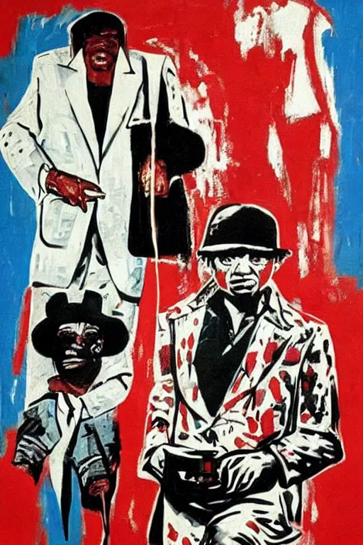 Image similar to scene from scarface movie, mafia, basquiat - style, retro - futuristic