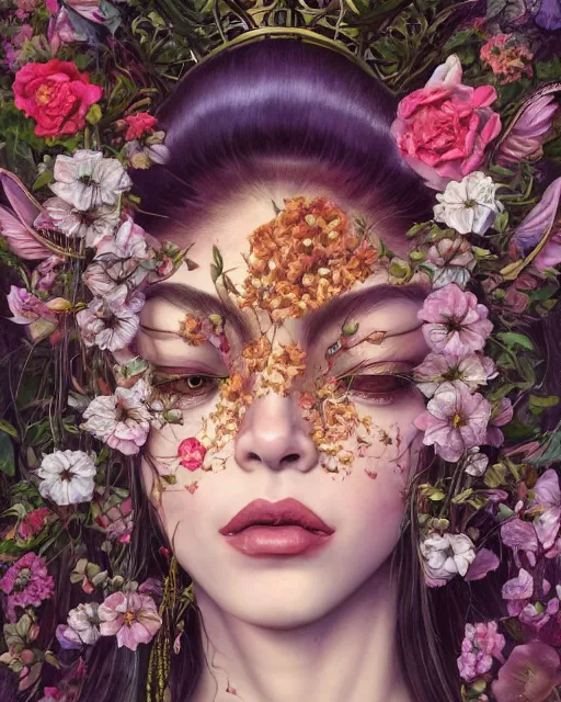 Image similar to portrait of the mulatto queen of the underworld, surrounded by flowers by karol bak, james jean, tom bagshaw, rococo, sharp focus, trending on artstation, cinematic lighting, hyper realism, octane render, 8 k, hyper detailed.