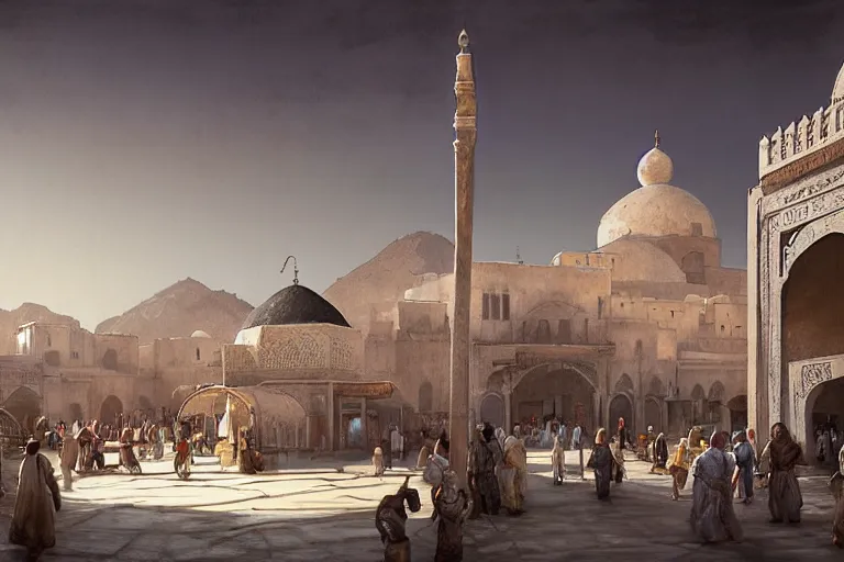 Image similar to Huge Persian white temple in a plaza, round roof. At night low angle in the middle of a adobe house kasbah town, mud and brick houses, merchant street, pueblo dense architecture, colorful crowd. Scenic view at night, underexposed, clean horizon, matte painting by craig mullins and dan mumford, dark fantasy, style of game of thrones, concept art trending on artstation, 4k, insane details