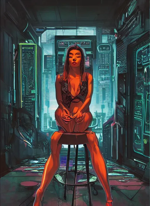 Image similar to An epic fantastic realism graphic novel cover style painting of a beautiful girl sitting on a stool in a dark room with laser light, cyberpunk, dynamic lighting by Paolo Eleuteri Serpieri