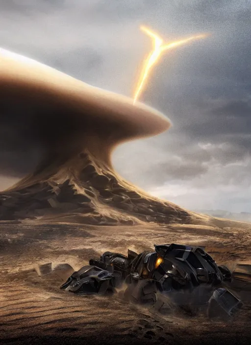 Prompt: speeding quads on massive a dune in front of a huge stormcloud made of electric waste on the horizont , concept art, dystopic, unreal, cineastic