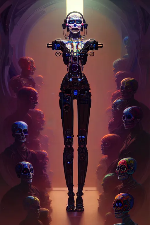 Image similar to ultra detailed, the creation of a female android, sci - fi, triadic color scheme, ( dia de los muertos ), asymmetrical, intricate concept art, art by godmachine and michael welan and dzo and greg rutkowski and alphonse mucha and loish and wlop