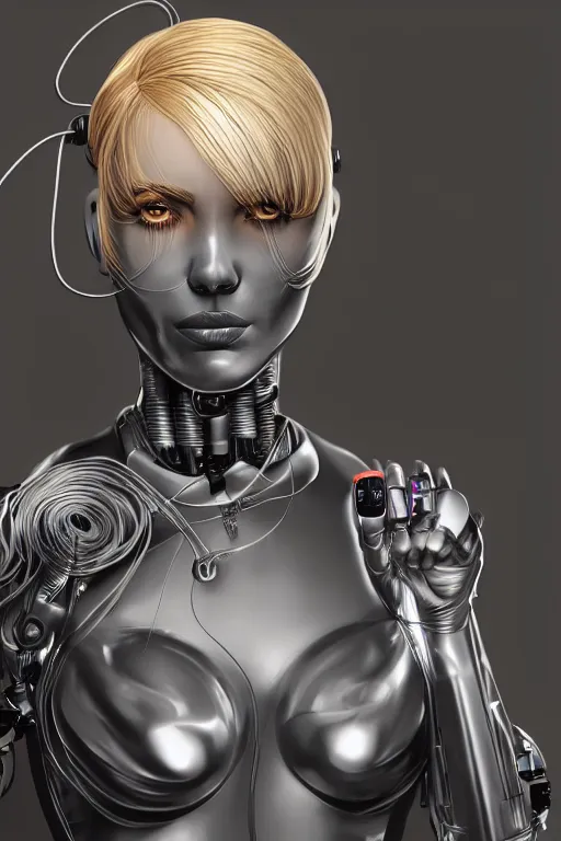 Image similar to a beautiful woman with blonde hair wearing robot suit with wires and light, highly detailed, photorealistic, artstation, smooth