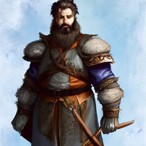 Image similar to 5 0 years old man, tall, stocky : : fantasy : : brown hair, sympathetic, short brown beard : : decorated medieval clothing : : high detail, digital art, rpg, concept art, illustration