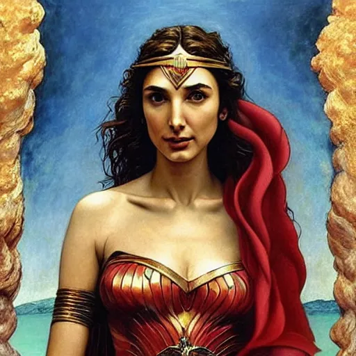 Prompt: Full body oil painting of the beautiful goddess Gal Gadot, she is wearing a peplos and a surreal ornate, her hair is natural disheveled, she is approaching heaven over the clouds, naturalism, dramatic lighting, high-detailed oil painting by Ilya Repin, Michelangelo da Caravaggio, William Blake, Alex Grey and Beksinski, trending on Artsation, hystorical painting, naturalism, masterpiece, 4k, 8k,