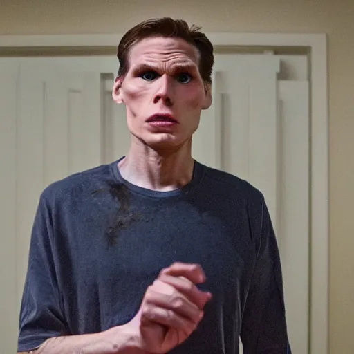 Image similar to Live Action Still of Jerma in Psycho, real life, hyperrealistic, ultra realistic, realistic, highly detailed, epic, HD quality, 8k resolution, body and headshot, film still