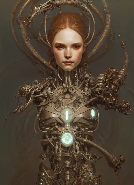 Image similar to ancient organic cyborg, diffuse lighting, fantasy, intricate, elegant, highly detailed, lifelike, photorealistic, digital painting, artstation, illustration, concept art, smooth, sharp focus, art by John Collier and Albert Aublet and Krenz Cushart and Artem Demura and Alphonse Mucha