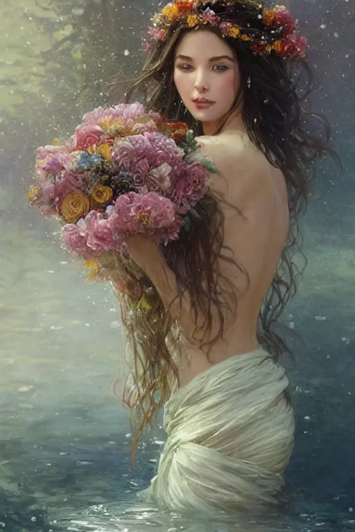 Image similar to portrait of a beautiful mysterious woman holding a bouquet of flowing flowers, wet dripping long hair, hands hidden under the bouquet, emerging from the water, fantasy, regal, intricate, by stanley artgerm lau, greg rutkowski, thomas kindkade, alphonse mucha, loish, norman rockwell