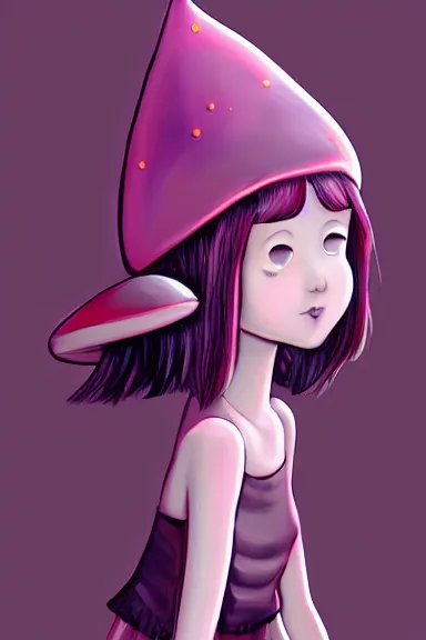 Image similar to a little girl wearing a mushroom hat in dress sitting | | purple curvy hair, pretty face, fine details, digial art by lois van baarle, anatomically correct, perfect composition, symmetrical, fantastic, clean details, anime character, extremely detailed