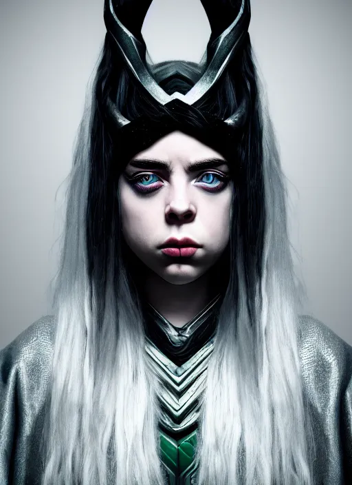 Prompt: Billie Eilish as female loki by, hyper detail, hyper realistic, octane render, noir, gorgeous symmetrical face, elegant,