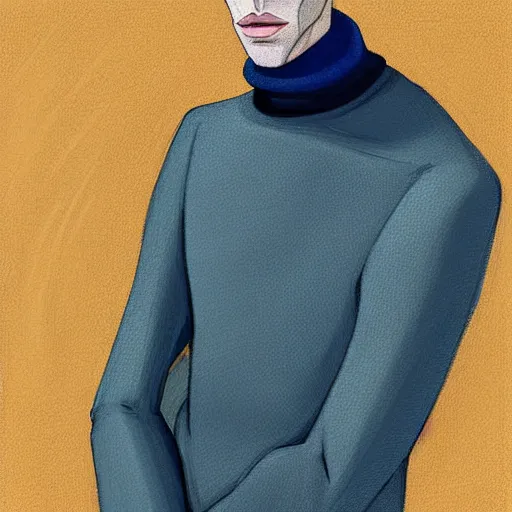 Image similar to gangly man with short dark blond wavy hair, dark blond beard, small chin, rectangular face, thin lips, English heritage, small blue eyes, middle aged, wearing a turtleneck and jacket, pale skin, narrow face, digital art, painterly, cartoon, cute, 8k, illustration, art by loish, painterly, trending on artstation, medium shot, uncropped