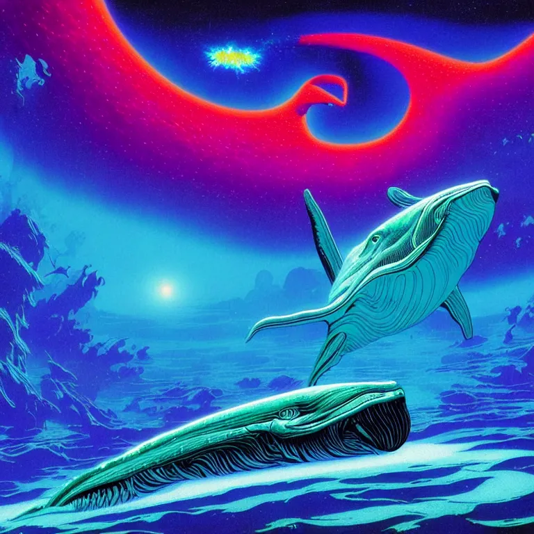 Image similar to interstellar aquatic whales, infinite fractal dimensional portal, bright neon colors, highly detailed, cinematic, eyvind earle, tim white, philippe druillet, roger dean, lisa frank, aubrey beardsley