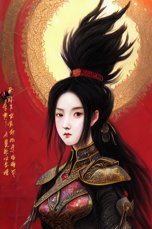 Prompt: portrait black hair young knights of Dynasty Warriors girl, metallic red mirror armor, in ruin chinese temple rooftop heavily rain sunrise, ssci-fi and fantasy, intricate and very beautiful and elegant, highly detailed, digital painting, soft light, artstation, concept art, smooth and sharp focus, illustration, art by tian zi and WLOP and alphonse mucha