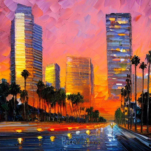 Image similar to palette knife oil painting of downtown los angeles at dusk