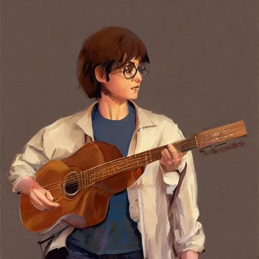 Image similar to a highly detailed epic cinematic concept art CG render digital painting artwork costume design: young Steve Jobs as a student in a 1970sdressed as a hippie playing guitar at a concert. By Greg Rutkowski, Ilya Kuvshinov, WLOP, Stanley Artgerm Lau, Ruan Jia and Fenghua Zhong, trending on ArtStation, made in Maya, Blender and Photoshop, octane render, excellent composition, cinematic atmosphere, dynamic dramatic cinematic lighting, aesthetic, very inspirational, arthouse