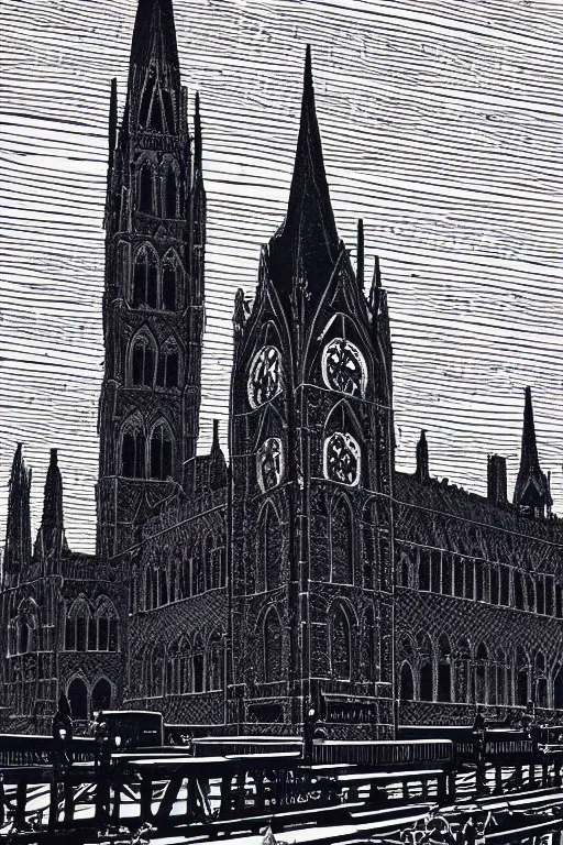 Prompt: a beautiful linocut print on paper of st pancras, london, 8 k, frostbite 3 engine, cryengine, dof, trending on artstation, digital art, crepuscular ray, by gail brodholt