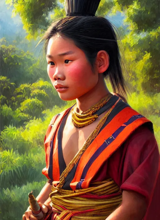 Image similar to portrait of a beautiful teen khmer ethnic northeast thailand, closeup portrait, historical, ethnic group, traditional costume, elegant, loin cloth, highly detailed, oil painting, artstation, concept art, matte, sharp focus, illustration, hearthstone, art by earl norem