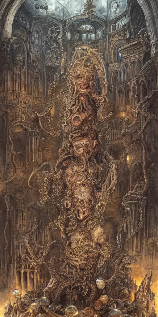 Image similar to mages with human bodies and magical armour with octopus heads sitting near the table in an ancient mage castle with enormous scale, gothic and baroque, brutalist architecture, ultradetailed, Intricate by John Howe and Josan Gonzalez and Giuseppe Arcimboldo