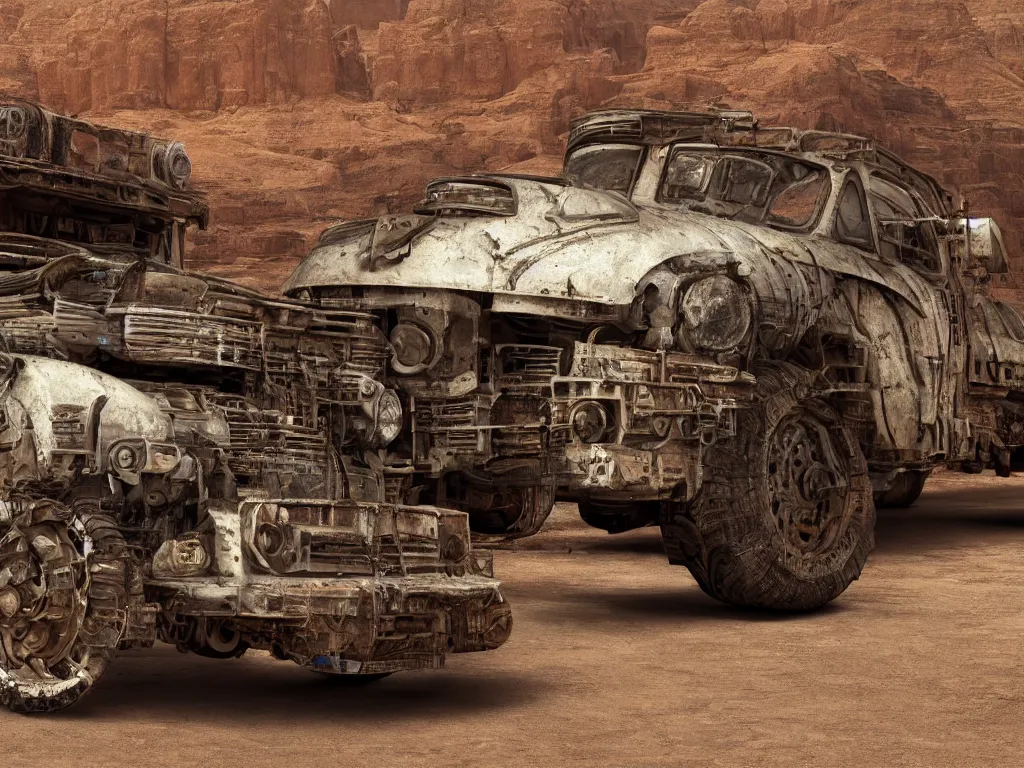 Prompt: in the American southwest, professional publicity photo of a clunky futuristic industrial vehicle with greebles, chipped paint weathered with rust and symmetrical tyres; photorealistic portrait Lomography, 8k post processing, extremely detailed, beautiful, ambient occlusion, subsurface scatter, metallic surfaces, radiosity, trending on Artstation