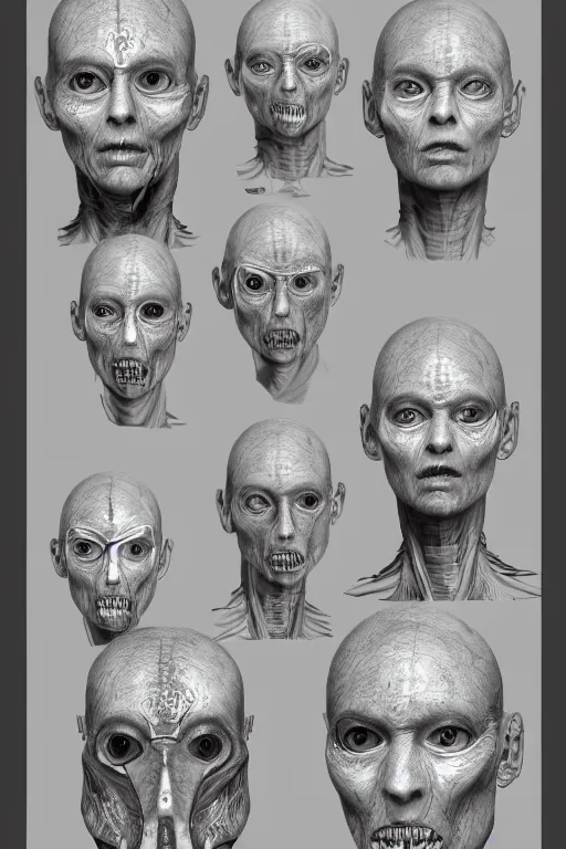 Image similar to facial anatomy with gunmetal grey skin, medical anatomy, very symmetrical face, highly detailed, three - perspective / three - view reference sheet ( front / back / side ), in the style of dan ouellette, steven jung, amanda lilleston, hr giger, sil from species, dren from splice, mecha, artstation, unreal engine