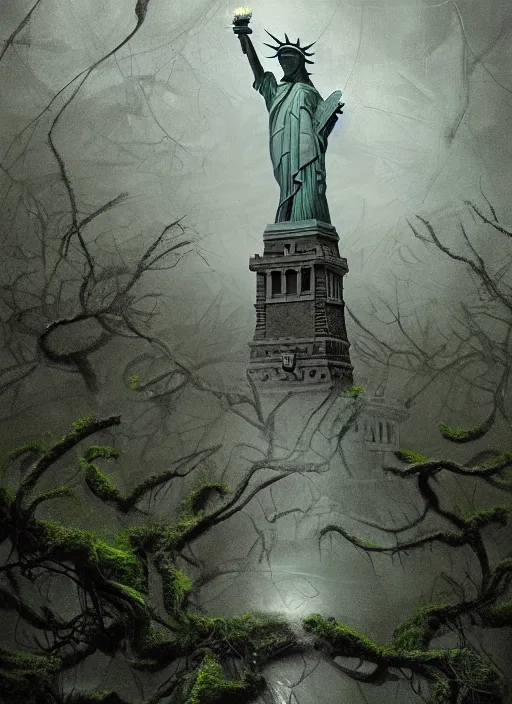 Prompt: hyper detailed painting of the statue of liberty; cracked, decaying, covered in moss and vines; thunderstorm; moody cinematic lighting, painted by Greg Rukowtski, trending on Artstation