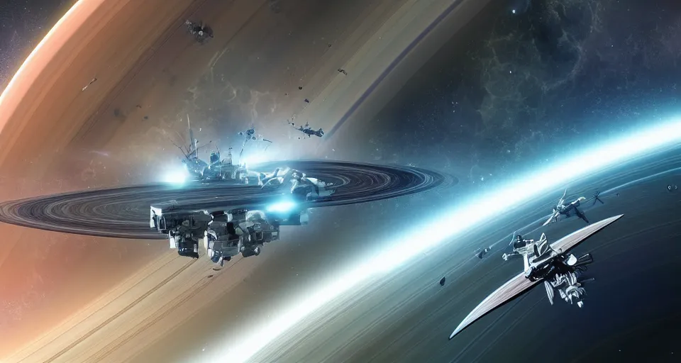 Image similar to intense space ship battle in the ring of Saturn, hyperdetailed, artstation, cgsociety, 8k