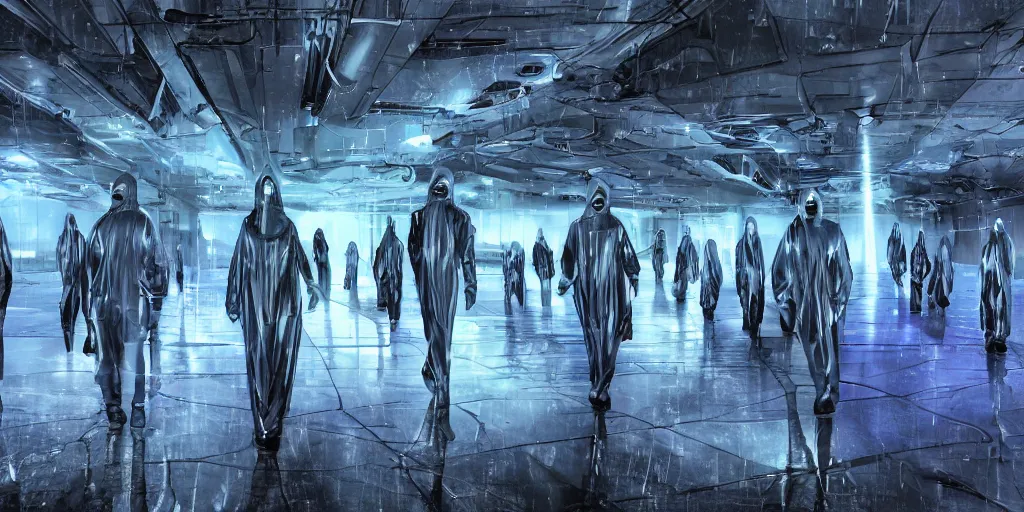 Image similar to sci - fi alien squad in wet cloaks, infiltrating on the ceiling of the mega - structure facility at midnight storm, lightning, digital art