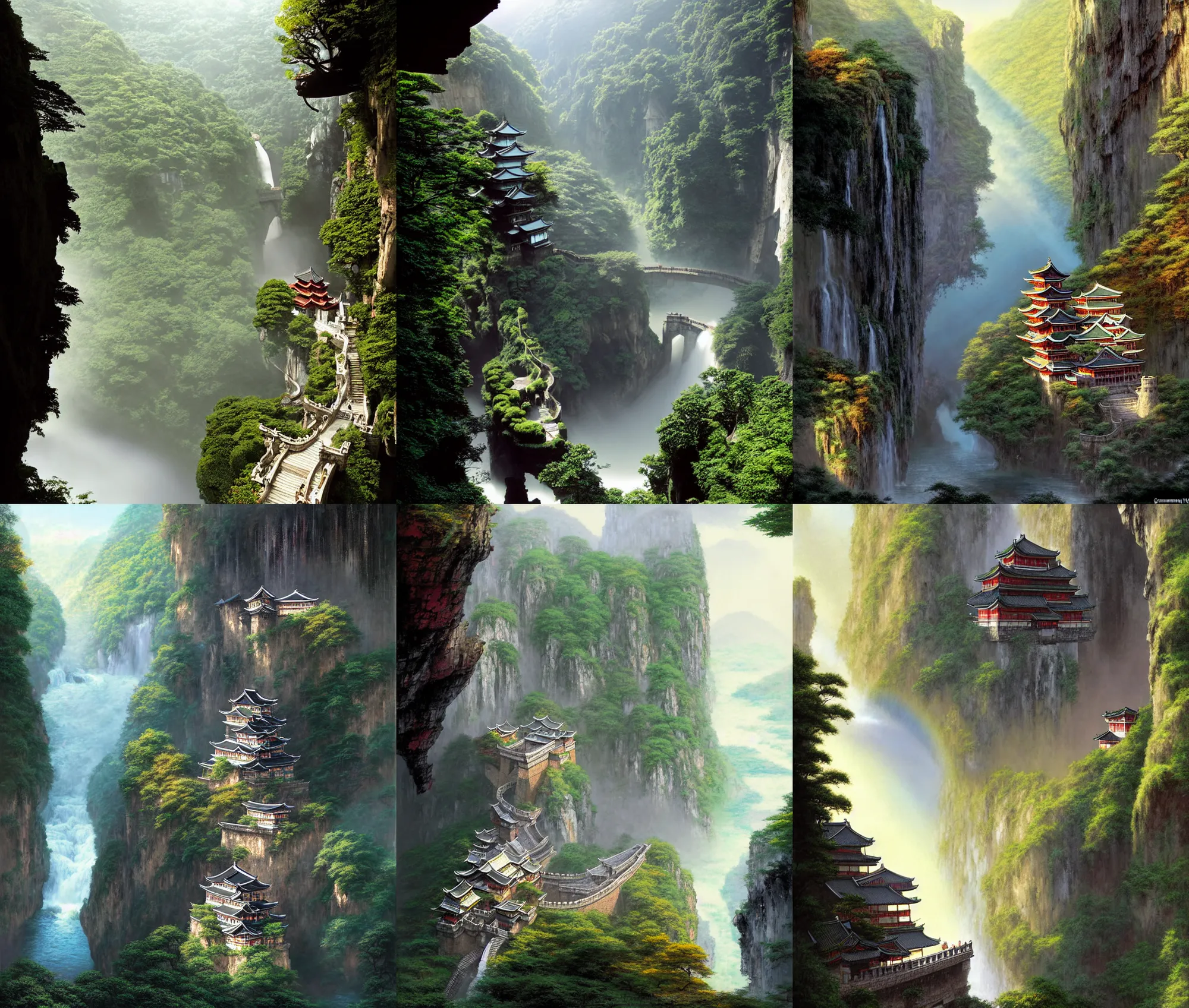 Image similar to establishing wide shot inside han son doong with waterfalls on either side of the cliff walls, at the top of the cliff is a japanese castle, a cloister is built into the cliff walls, an old suspension bridge spans the walls, sunny morning light, sunbeam, saturated colors, detailed digital concept art by greg rutkowski and gerald brom and james gurney