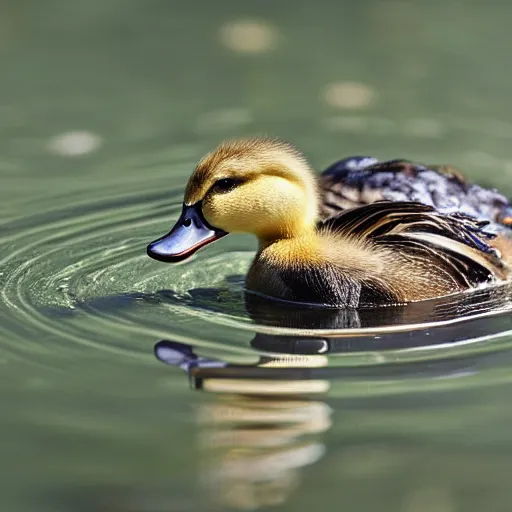 Image similar to realistic photo of an adorable duckling swimming in a pond, highly detailed,