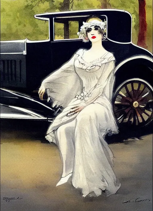 Image similar to a painting of a woman posing in front of a 1920's car by Louis Icart, highly detailed, masterpiece, trending on ArtStation, ultra realistic