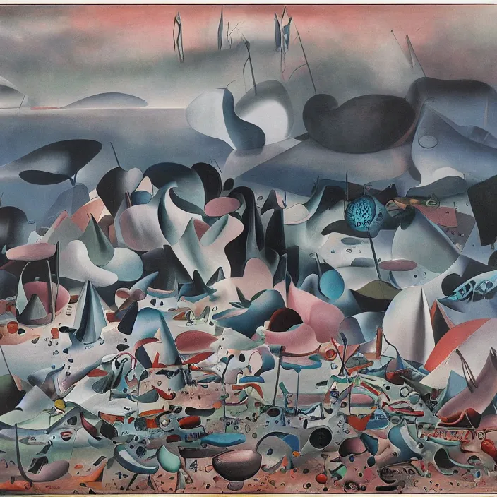 Image similar to the first colors getting out of the primordial soup to walk on land. painting by yves tanguy, walton ford