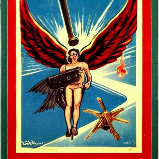 Prompt: wartime propaganda piece featuring an angel holding a flaming sword, flying in the sky