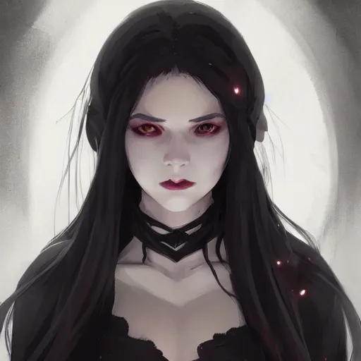 Image similar to female human vampire witch in the style of greg rutkowski, makoto shinkai, trending on artstation, character design, concept art, pretty face, highly detailed, long black hair, portrait, digital art