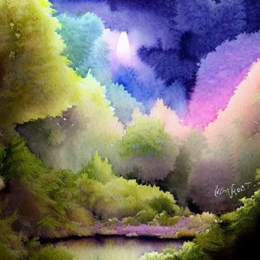 Prompt: beautiful lush imposing natural scene on another planet. different than earth but beautiful. lightfall. beautiful detailed artistic watercolor. trending on artstation and deviantart.